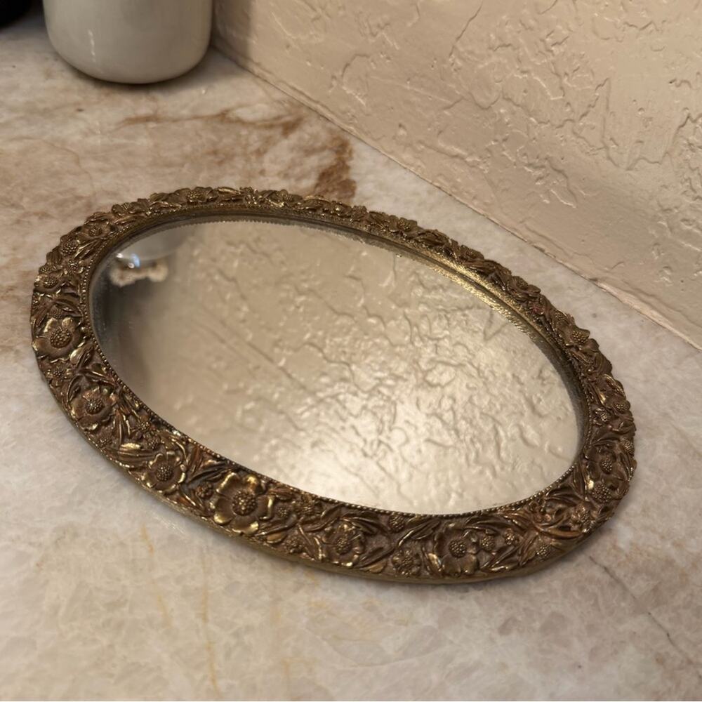 Vintage Hollywood Regency Baroque Style Gold Filigree Oval vanity tray